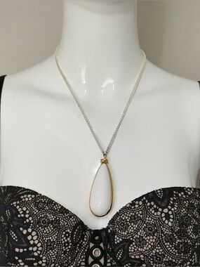 Vintage MONET White Enamel Chain & Chunky White Lucite Teardrop Pendant Necklace